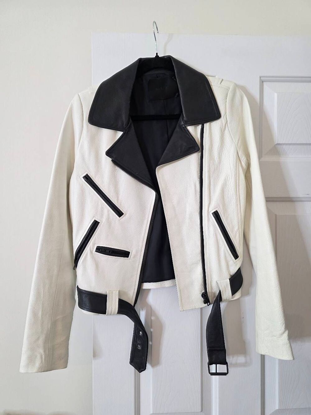 A.L.C. white leather biker moto jacket with Black trim Size 6